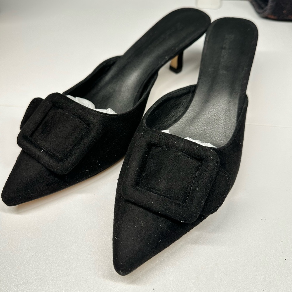 FERICZO Women’s Black “Suede” Pointed Toe Kitten Heel Mule Sz 9.5 NEW! - Picture 3 of 6